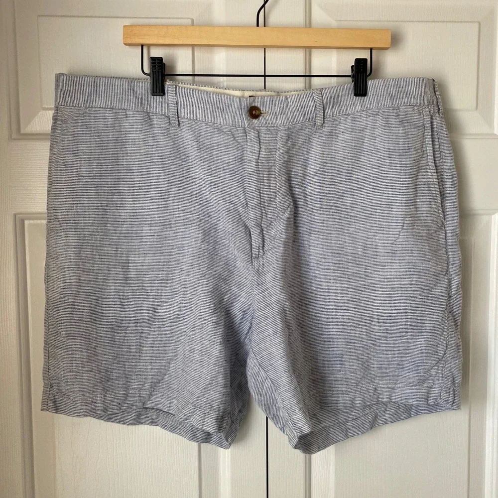 J.Crew Linen Shorts Mens 40‎ Blue White Pinstripe 7 Inch Inseam Preppy Beach